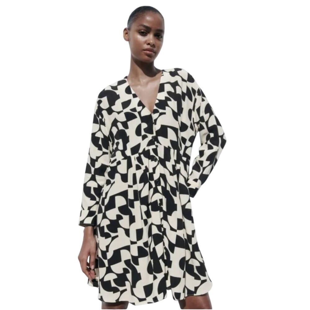 70s inspired Zara Geometric Print cream & black babydoll Mini Dress Size L boho